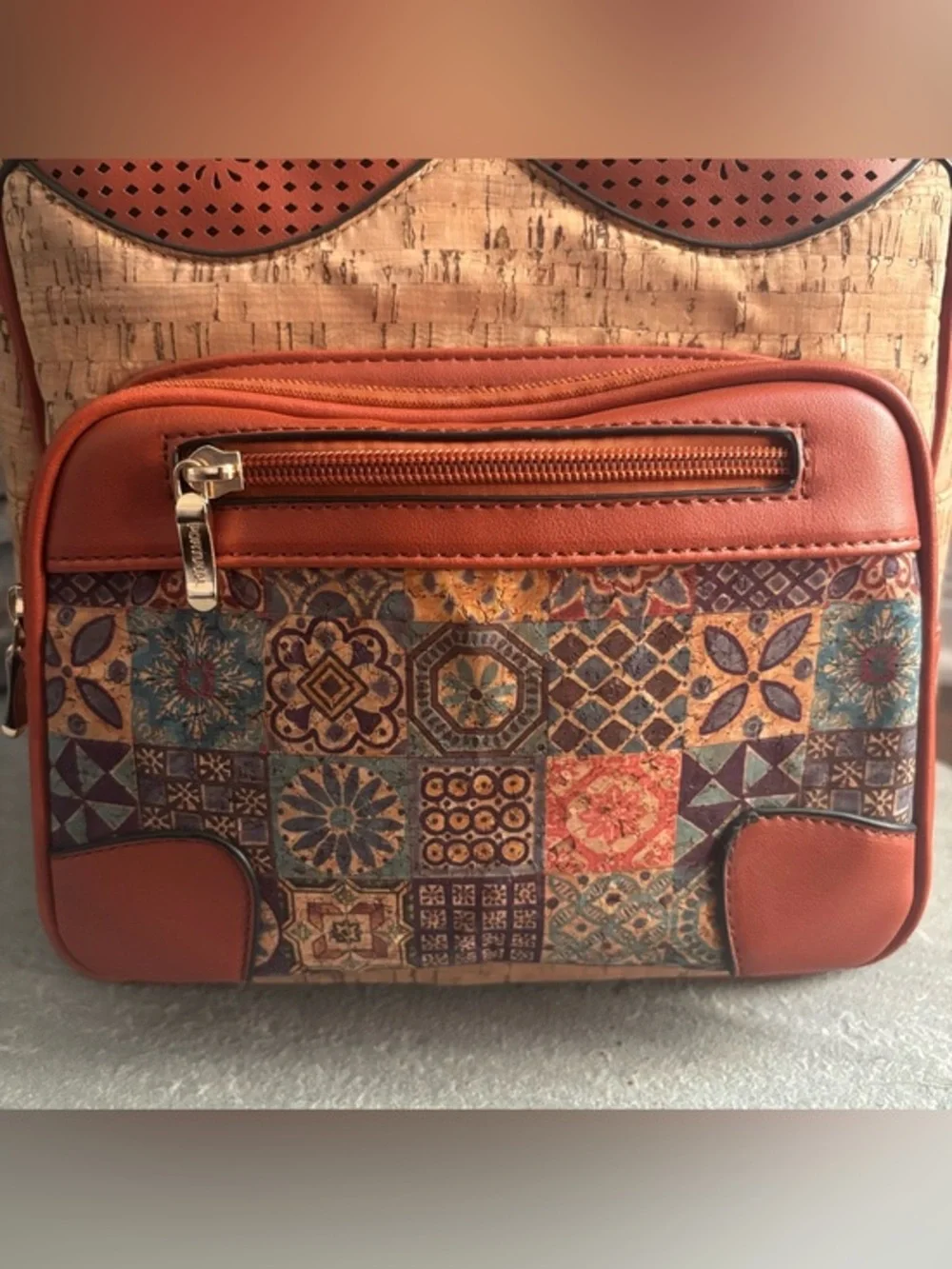 Portugal Cork Fabric Azulejo ceramic Tile Pattern Faux Leather Trim Backpack‎